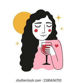 Vector illustration with woman holding glass of red wine. Sun, stars and red heart. Trendy apparel print design, home decoration poster