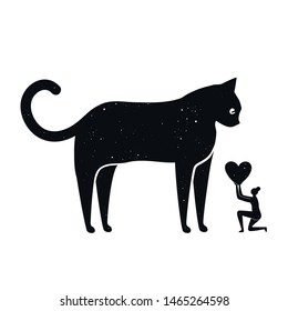 Vector illustration with woman holding heart and huge black cat. Funny domestic animal print design, humor concept art of real relationship between cats and people 