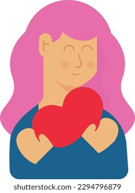 Vector illustration of a woman holding a heart in her hands. Self love and self care. Emotional health.