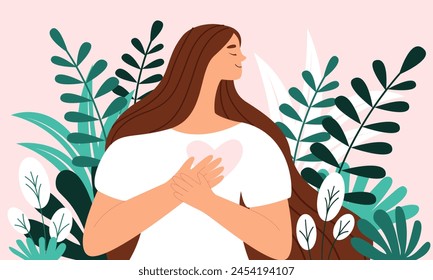 Ilustración vectorial de una mujer que tiene un corazón en sus manos. El amor propio, el autocuidado y el concepto de autoaceptación en estilo plano. Concepto de amor propio, cuidado personal, pensamiento positivo.