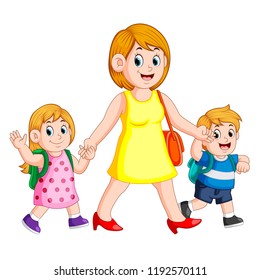 vector illustration of a woman holding her children hands for accompany them to school