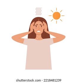 Vector illustration of a woman holding her head with her hands due to heat stroke. Sunstroke in hot weather.