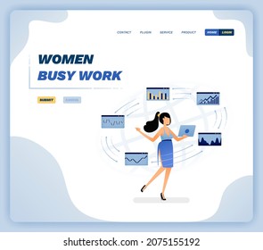 Vector illustration of woman holding a laptop and busy finishing work keeps coming on the internet. Design can be used for website, poster, flyer, apps, advertising, promotion, marketing