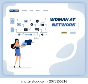 Vector illustration of woman holding laptop and connected to work folder connected to each other in network. Design can be used for website, poster, flyer, apps, advertising, promotion, marketing