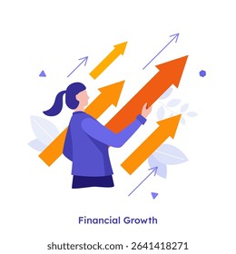 Vector illustration with woman holding large growing arrow. Financial growth and business success concept. Marketing development and improvement.