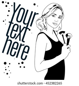 vector illustration of a woman holding makeup brush in her hand . template copy space for text .