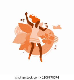 Vector illustration of a woman holding paper cup of coffee. Dynamic flat design of coffee-to-go for mobile app, web, delivery banner.