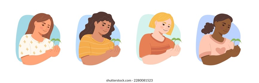 Vector illustration of woman holding plant sprout seedling. Women diversity, black, brown skin, caucasian, middle eastern. Gardening, springtime, horticulture, fun outside, love nature, plant lover.