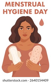 vector illustration of a woman holding sanitary pads, promoting menstrual hygiene awareness. Perfect for campaigns, educational materials, and health-related content.