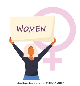 Vector illustration of woman holding signs or placard on a protest demostration or picket. Woman against violence, pollution, descrimination, human rights violation.