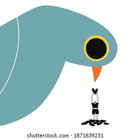 Vector illustration with woman holding sunflower seeds in heart shape and huge blue pigeon. Funny print design with dove and doodle style girl
