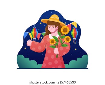 Mujer ilustradora vectorial sosteniendo un girasol y feliz celebrando el Carnaval de la Festa Junina.
Se puede usar para tarjetas de felicitación, postales, web, animación, impresión, etc