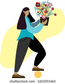 vector illustration. Woman holds flowers in her hands. Congratulatory festive background for screensaver, background, page decoration, website design.