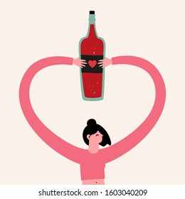 Vector illustration with woman holds red wine bottle with small heart. Trendy apparel print design, bar menu decoration element, restaurant wall poster template