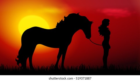 Vector illustration of woman and a horse