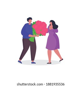 Vector illustration with woman hugging bouquet of flowers and man. Concept of Valentine's Day, love, relationship. Happy family. Couple in love for greeting cards