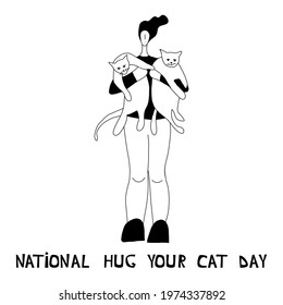 Vector illustration with woman hugging a cat. Cartoon character. National Hug Your Cat Day