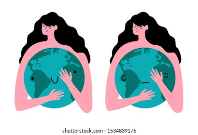 Vector illustration with woman hugging earth planet globe with happy and sad faces. Happy Earth Day poster, mother nature flat style print design. Eco and environment problems ecological concept set