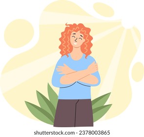 Vector illustration of a woman hugging herself. Concept of self-love, self-care and self-acceptance in flat style. Concept of self-love, self-care, positive thinking.