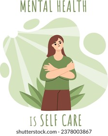 Vector illustration of a woman hugging herself. Concept of self-love, self-care and self-acceptance in flat style. Concept of self-love, self-care, positive thinking.