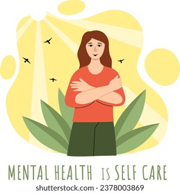 Vector illustration of a woman hugging herself. Concept of self-love, self-care and self-acceptance in flat style. Concept of self-love, self-care, positive thinking.