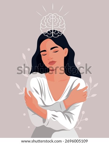 Vector illustration of woman hugging herself, with a glowing brain above her head, symbolizing clear mind, enlightenment. Mindfulness, awareness. For psychology, mental health. High quality, scalable