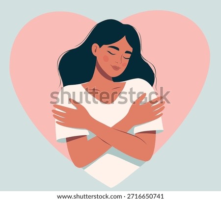 Vector illustration of a woman hugging herself with her eyes closed, radiating peace, self-love against a pink heart. Warmth, self-care, emotional well-being for psychology content, mental health