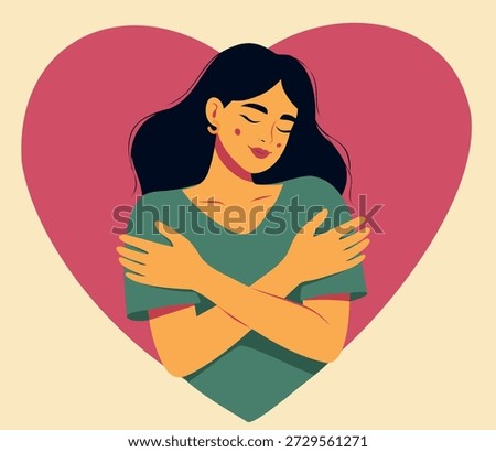 Vector illustration woman hugging herself with her eyes closed, radiating peace, self-love against a heart. Give to gain, self-care, emotional well-being for psychology content, mental health