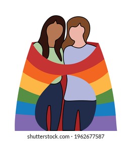a vector illustration of a woman hugging a woman with the lgbt community flag.
