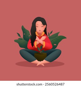 Vector illustration of a woman hugging a potted plant, symbolizing self-love, mindfulness, and meditation. Perfect for wellness, mental health, and self-care themes.