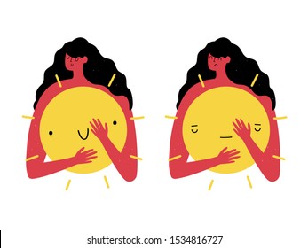 Vector illustration with woman hugging yellow sun with rays. Happy and sad faces set. Summer cartoon style print design, concept art of tanning, redness of the skin and the dangers of solar radiation