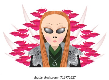 Vector illustration of woman humanoid wearing fur coat with alien tree behind. Game character, cartoon, fantasy, comics, novel concepts