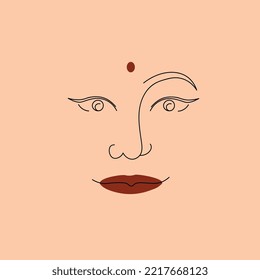 Vector Illustration. A Woman From India With A Red Dot On Her Forehead. Indian Girl. The Face Of Minimalism.