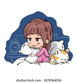 Vector illustration of a woman with insomnia problem, hugging pillow on bed. A cat is asleep beside her. Drawn in kawaii chibi style.