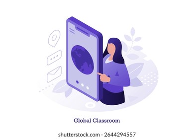 Vector illustration with woman interacting with smartphone showing planet earth. Global online education and distance learning concept for modern school.