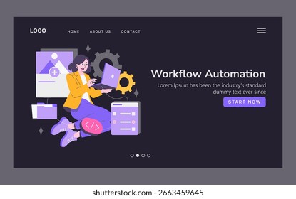 Ilustración vectorial de una mujer que interactúa con varias herramientas digitales en una computadora portátil, representando conceptos de automatización del flujo de trabajo. Incluye engranajes, interfaces digitales y símbolos de codificación.
