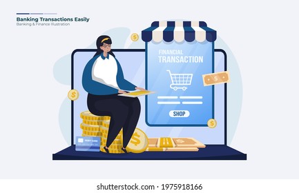 Vector illustration of a woman with internet banking concept, Banking transactions easily, Online shop payments with banking transactions