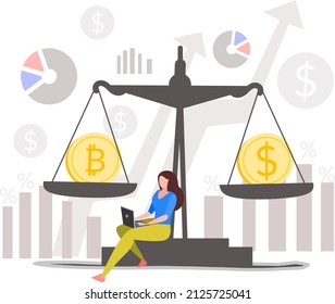 Vector illustration of woman investing on cryptocurrency during pandemic and earning money 