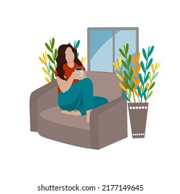 Vector illustration of a woman in isolation relaxing on couch during quarantine 