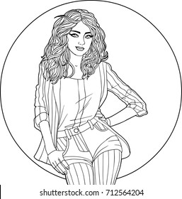 vector illustration - woman in jacket and shorts on the background of a large circle. Black and white picture - anti-stress