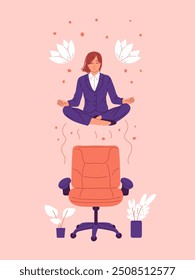 Vector illustration of a woman in a jacket and trousers meditating in the lotus position, towering over an office chair. Practicing meditation in the workplace. Flat style on isolated background.