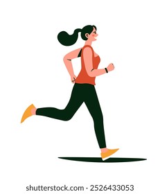 Una Ilustración vectorial de una mujer trotando, con ropa deportiva y corriendo en un entorno al aire libre, aislada sobre un fondo blanco.