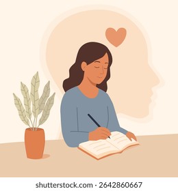 Vector illustration of a woman journaling with calm expression, symbolizing mindfulness, mental health, and self care. Flat hand-drawn style for editorial, web, apps, blogs, or wellness content.
