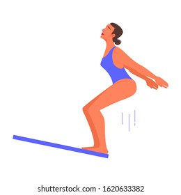 Vector Illustration Of Woman Jumping From A Dive Board Into The Water. Young Professional Sportswoman Training. Diving Athlete In Swimsuit, Idea Of Healthy Lifestyle