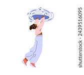 Vector illustration of a woman jumping into a teleportation portal. Fantasy isolated elements conveying the essence of cyberspace with the help of a teleportation hatch.