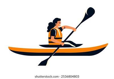 Vector illustration of a woman kayaking with a paddle on the water. Flat, bold design with isolated elements on white background. Perfect for outdoor sports, adventure, and travel themes.