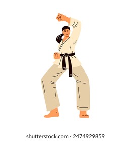 Vector illustration of a woman in a kimono with a black belt who practices martial arts. The character is a karateka in motion practicing karate. Flat style on isolated background.