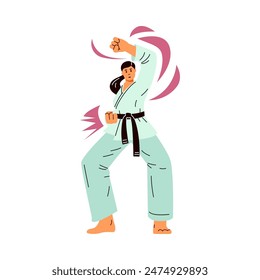 Vector illustration of a woman in a kimono with a black belt doing karate. Character in motion. The martial art concept is perfect for a sports theme. Isolated background, flat style.