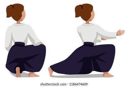 Vector illustration of a woman in kimono and hakama. The basic movement Suvari waza Mae-sikko view from the back. Suitable for oriental martial arts such as aikido, judo, karate, jiu-jitsu, budo