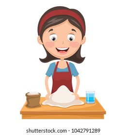 Vector Illustration Of Woman Kneading Dough